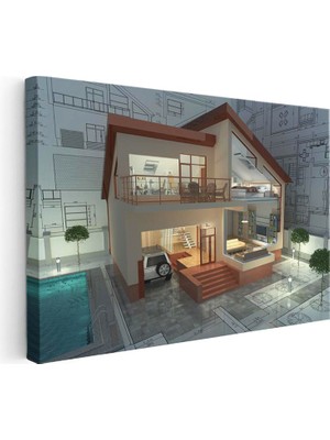 Tablofest Yatay Kanvas Tablo Kesit Ev Modeli ve Iç Mekan Mimar Tablosu Ev Ofis Duvar Dekoru