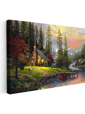 Tablofest Yatay Kanvas Tablo Akarsu Kenarı Orman Evi Manzara ve Doğa Tablosu Ev Ofis Duvar Dekoru