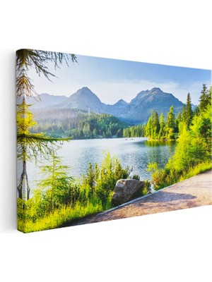 Tablofest Yatay Kanvas Tablo Güneşli Göl Kenarı ve Patika Manzara Tablosu Ev Ofis Duvar Dekoru