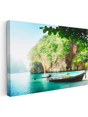 Tablofest Yatay Kanvas Tablo Turkuaz Koy ve Kumsalda Duran Tekne Manzara Tablosu Ev Ofis Duvar Dekoru