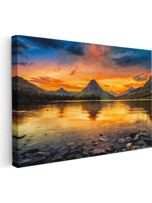 Tablofest Yatay Kanvas Tablo Kızıl Gün Batımı ve Dağ Gölü Yansıması Manzara Tablosu Ev Ofis Duvar Dekoru