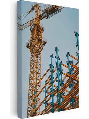 Tablofest Dikey Kanvas Tablo Sarı Vinç ve Çelik Iskelet Inşaat Mühendisi Tablosu Ev Ofis Duvar Dekoru