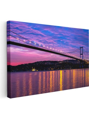 Tablofest Yatay Kanvas Tablo Istanbul Köprüsü Mor Gökyüzü ve Yansıma Şehir Mimari Tablo Ev Ofis Duvar Dekoru