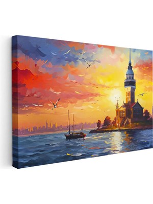 Tablofest Yatay Kanvas Tablo Kız Kulesi ve Boğaz Gün Batımı Şehir ve Mimari Tablo Ev Ofis Duvar Dekoru