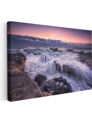 Tablofest Yatay Kanvas Tablo Dalgalı Deniz ve Kaya Şelaleleri Manzara Tablosu Ev Ofis Duvar Dekoru