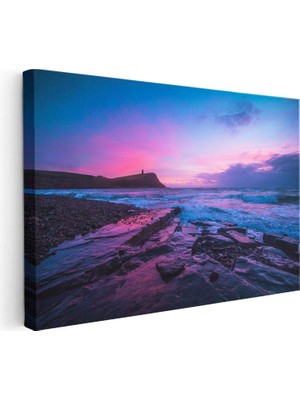 Tablofest Yatay Kanvas Tablo Islak Sahil Kayaları ve Pembe Ufuk Manzara Tablosu Ev Ofis Duvar Dekoru