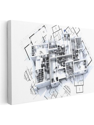 Tablofest Yatay Kanvas Tablo Gri Tonlu Detaylı Mimari Kat Planı Mimar Tablosu Ev Ofis Duvar Dekoru