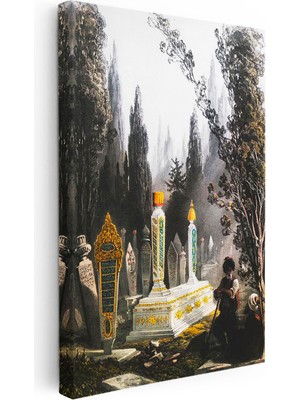 Tablofest Dikey Kanvas Tablo Tarihi Mezarlık ve Servi Ağaçları Osmanlı Tablosu Ev Ofis Duvar Dekoru