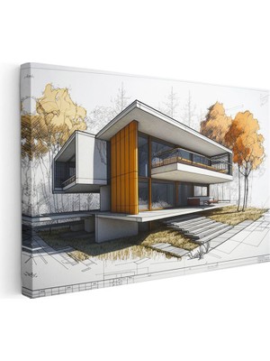 Tablofest Yatay Kanvas Tablo Doğa Içinde Modern Konut Projesi Mimar Tablosu Ev Ofis Duvar Dekoru