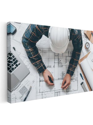 Tablofest Yatay Kanvas Tablo Beyaz Baret ve Teknik Çizim Masası Mimar Tablosu Ev Ofis Duvar Dekoru