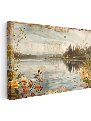 Tablofest Yatay Kanvas Tablo Göl Kenarı Kıyı Çiçekleri Manzara ve Doğa Tablosu Ev Ofis Duvar Dekoru
