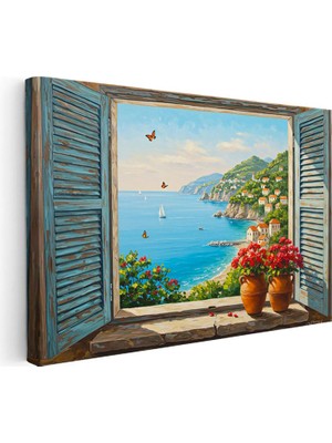 Tablofest Yatay Kanvas Tablo Mavi Panjurlu Pencere ve Sahil Manzara ve Doğa Tablosu Ev Ofis Duvar Dekoru