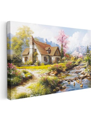 Tablofest Yatay Kanvas Tablo Çiçekli Bahar Evi ve Dere Manzara ve Doğa Tablosu Ev Ofis Duvar Dekoru
