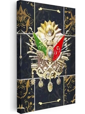 Tablofest Dikey Kanvas Tablo Altın Motifli Osmanlı Arması Osmanlı Tablosu Ev Ofis Duvar Dekoru
