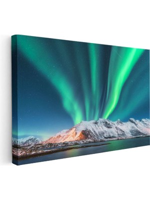 Tablofest Yatay Kanvas Tablo Kutup Işıkları ve Karlı Zirve Manzara Tablosu Ev Ofis Duvar Dekoru