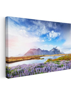 Tablofest Yatay Kanvas Tablo Mor Çiçekli Vadi ve Dağlar Manzara Tablosu Ev Ofis Duvar Dekoru