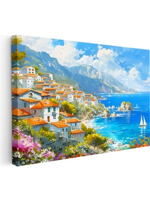 Tablofest Yatay Kanvas Tablo Akdeniz Sahil Kasabası Yelkenli ve Deniz Manzara Tablosu Ev Ofis Duvar Dekoru