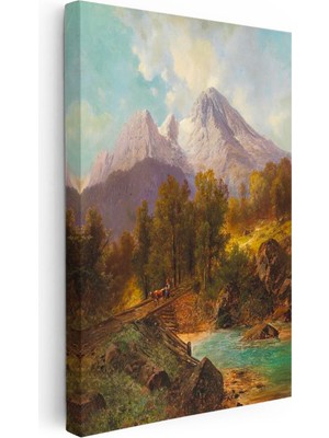 Tablofest Dikey Kanvas Tablo Andreas Achenbach Dağlık Manzara Köprülü Dere Ressam Tablosu Ev Ofis Dekoru