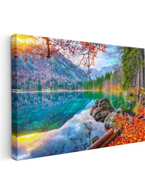 Tablofest Yatay Kanvas Tablo Dağ Gölü ve Kızıl Yapraklar Manzara Tablosu Ev Ofis Duvar Dekoru