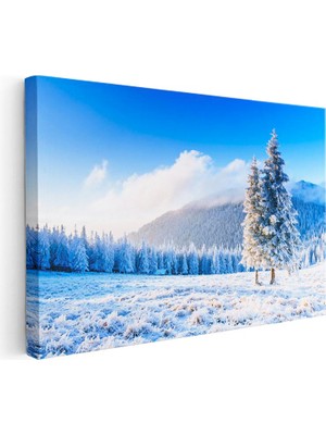 Tablofest Yatay Kanvas Tablo Karlı Ikiz Çam Ağacı Manzara Tablosu Ev Ofis Duvar Dekoru