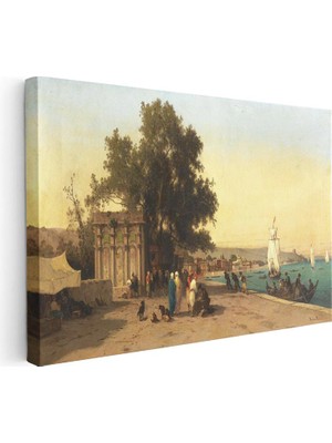 Tablofest Yatay Kanvas Tablo Osmanlı Sahil Köşkü ve Kayıklar Sahnesi Ev Ofis Duvar Dekoru