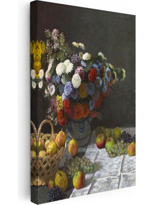 Tablofest Dikey Kanvas Tablo Claude Monet Meyveler ve Çiçekler Sepetli Natürmort Ressam Tablosu Ev Ofis Dekoru