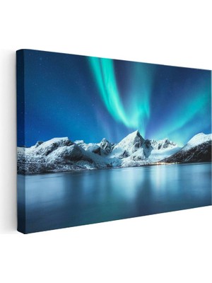 Tablofest Yatay Kanvas Tablo Aurora Altında Karlı Dağ Manzara Tablosu Ev Ofis Duvar Dekoru