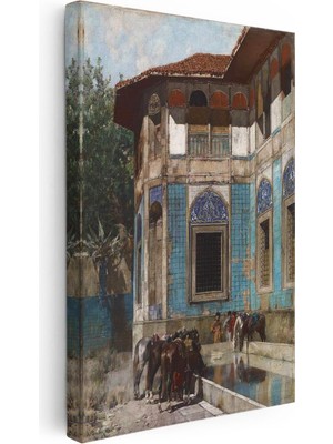 Tablofest Dikey Kanvas Tablo Çini Duvarlı Köşk ve Atlar Osmanlı Tablosu Ev Ofis Duvar Dekoru