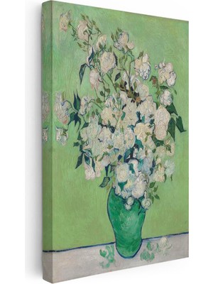 Tablofest Dikey Kanvas Tablo Vincent Van Gogh Beyaz Güller ve Yeşil Vazo Zemin Ressam Tablosu Ev Ofis Dekoru