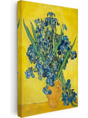 Tablofest Dikey Kanvas Tablo Vincent Van Gogh Mavi Irisler Sarı Fonlu Vazo Ressam Tablosu Ev Ofis Dekoru