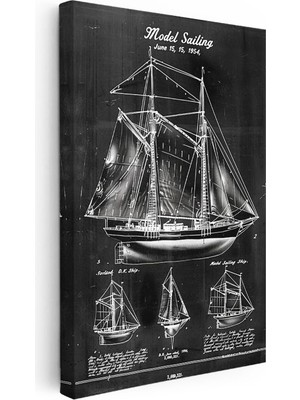 Tablofest Dikey Kanvas Tablo Yelkenli Gemi Modeli Patent Çizimi Taşıt Vintage Tablo Ev Ofis Duvar Dekoru