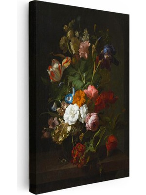 Tablofest Dikey Kanvas Tablo Jan Van Huysum Lale ve Iris Karanlık Fonlu Çiçek Ressam Tablosu Ev Ofis Dekoru