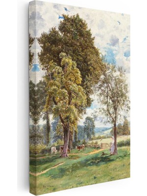 Tablofest Dikey Kanvas Tablo T.s.c. Ağaç Altı Çiftlik Manzarası Inekler ve Figür Ressam Tablosu Ev Ofis Dekoru