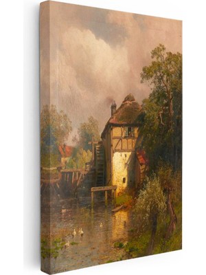 Tablofest Dikey Kanvas Tablo J.f. Herring Yel Değirmeni Dere Kıyısı Ördekli Ressam Tablosu Duvar Dekoru