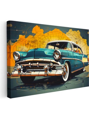 Tablofest Yatay Kanvas Tablo Klasik Sedan Harita Tasarım Klasik Araba Tablosu Ev Ofis Duvar Dekoru
