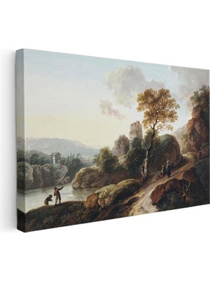 Tablofest Yatay Kanvas Tablo C.j. Vernet Balıkçı ve Harabe Kuleli Köy Manzarası Ressam Tablosu Duvar Dekoru