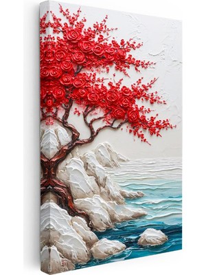 Tablofest Dikey Kanvas Tablo Kırmızı Çiçekli Sahil Ağacı Kabartma Görünümlü Tablo Ev Ofis Duvar Dekoru
