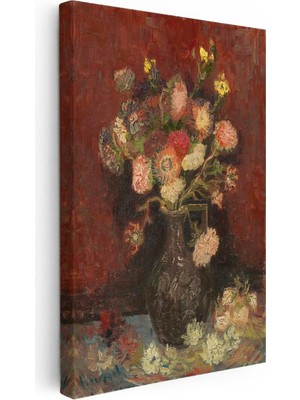 Tablofest Dikey Kanvas Tablo Vincent Van Gogh Vazoda Pembe Kırmızı Çiçek Ressam Tablosu Ev Ofis Duvar Dekoru