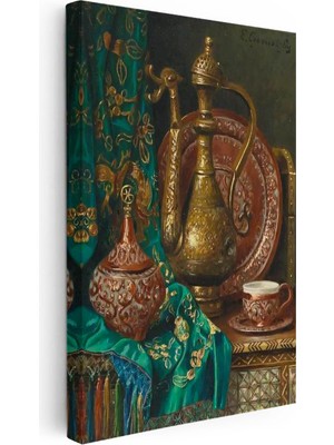 Tablofest Dikey Kanvas Tablo Bakır Ibrik ve Kase Oryantalist Ressam Tablosu Ev Ofis Duvar Dekoru
