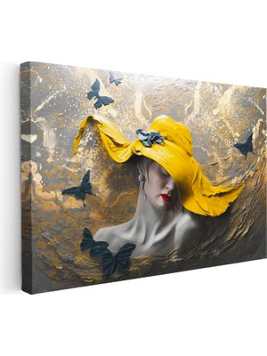 Tablofest Yatay Kanvas Tablo Sarı Şapkalı Kadın ve Kelebek Modern Sanat Tablosu Ev Ofis Duvar Dekoru