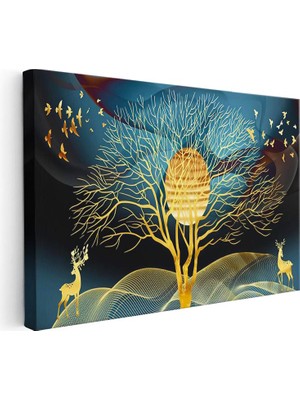 Tablofest Yatay Kanvas Tablo Altın Ağaç ve Geyik Silüeti Modern Sanat Tablosu Ev Ofis Duvar Dekoru