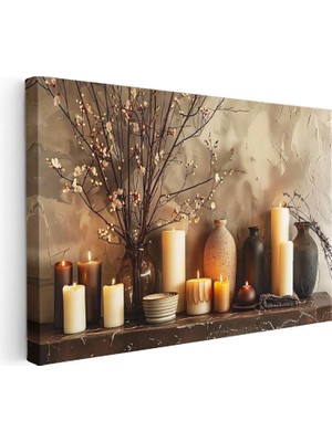 Tablofest Yatay Kanvas Tablo Mumlar ve Çiçekli Vazo Modern Tablo Ev Ofis Duvar Dekoru