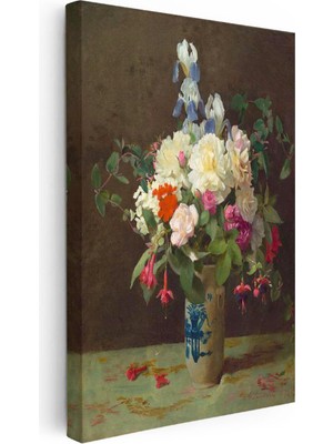 Tablofest Dikey Kanvas Tablo M.c.j. Vazoda Iris ve Şakayık Çiçekleri Masa Üstü Ressam Tablosu Ev Ofis Dekoru