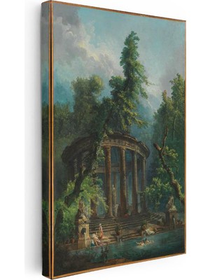Tablofest Dikey Kanvas Tablo Hubert Robert Antik Tapınak Figürlü Göl Manzarası Ressam Tablosu Ev Ofis Dekoru