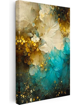 Tablofest Dikey Kanvas Tablo Altın Parçacıklı Çiçek Dokusu Soyut Tablo Ev Ofis Duvar Dekoru