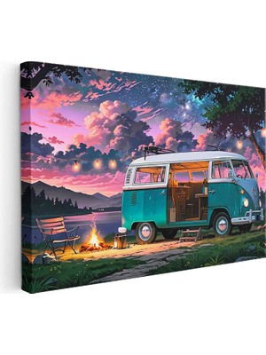 Tablofest Yatay Kanvas Tablo Volkswagen T1 Kamp ve Göl Manzarası Volkswagen Tablosu Ev Ofis Duvar Dekoru