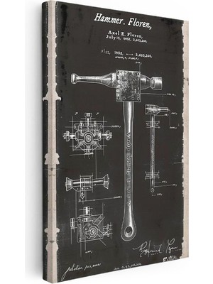 Tablofest Dikey Kanvas Tablo Çekiç Patent Çizimi El Aleti Planı Teknik Vintage Tablo Ev Ofis Duvar Dekoru