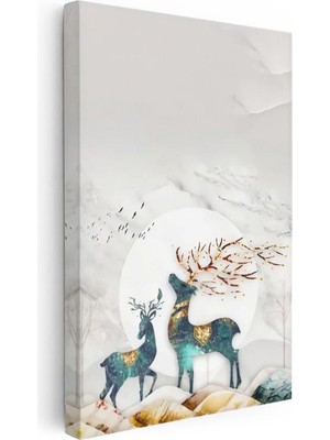 Tablofest Dikey Kanvas Tablo Dallı Geyik Silüeti Hayvan Tablosu Ev Ofis Duvar Dekoru