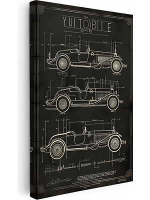 Tablofest Dikey Kanvas Tablo Eski Model Üç Otomobil Patent Çizimi Taşıt Vintage Tablo Ev Ofis Duvar Dekoru