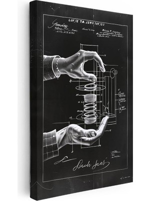 Tablofest Dikey Kanvas Tablo El ve Yaylı Mekanizma Patent Çizimi Teknik Vintage Tablo Ev Ofis Duvar Dekoru